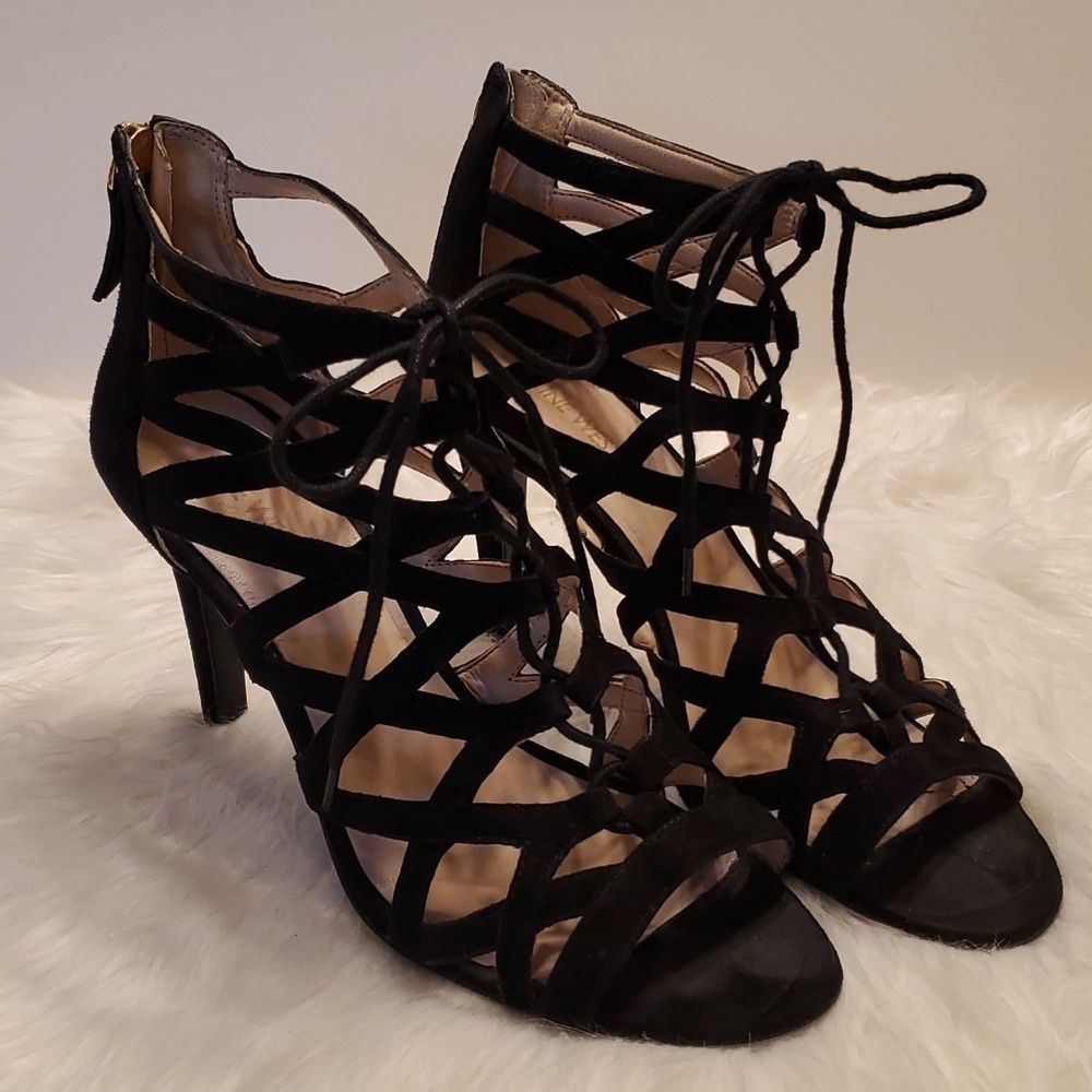 Nine West Authority Black Suede Cut Out Laceup Peep Toe Sandal Heels Size 10